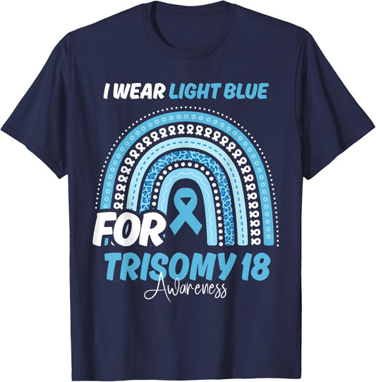 Trisomy 18 Awareness Month Light Blue Ribbon Rainbow T-Shirt - T-Shirt | Navy