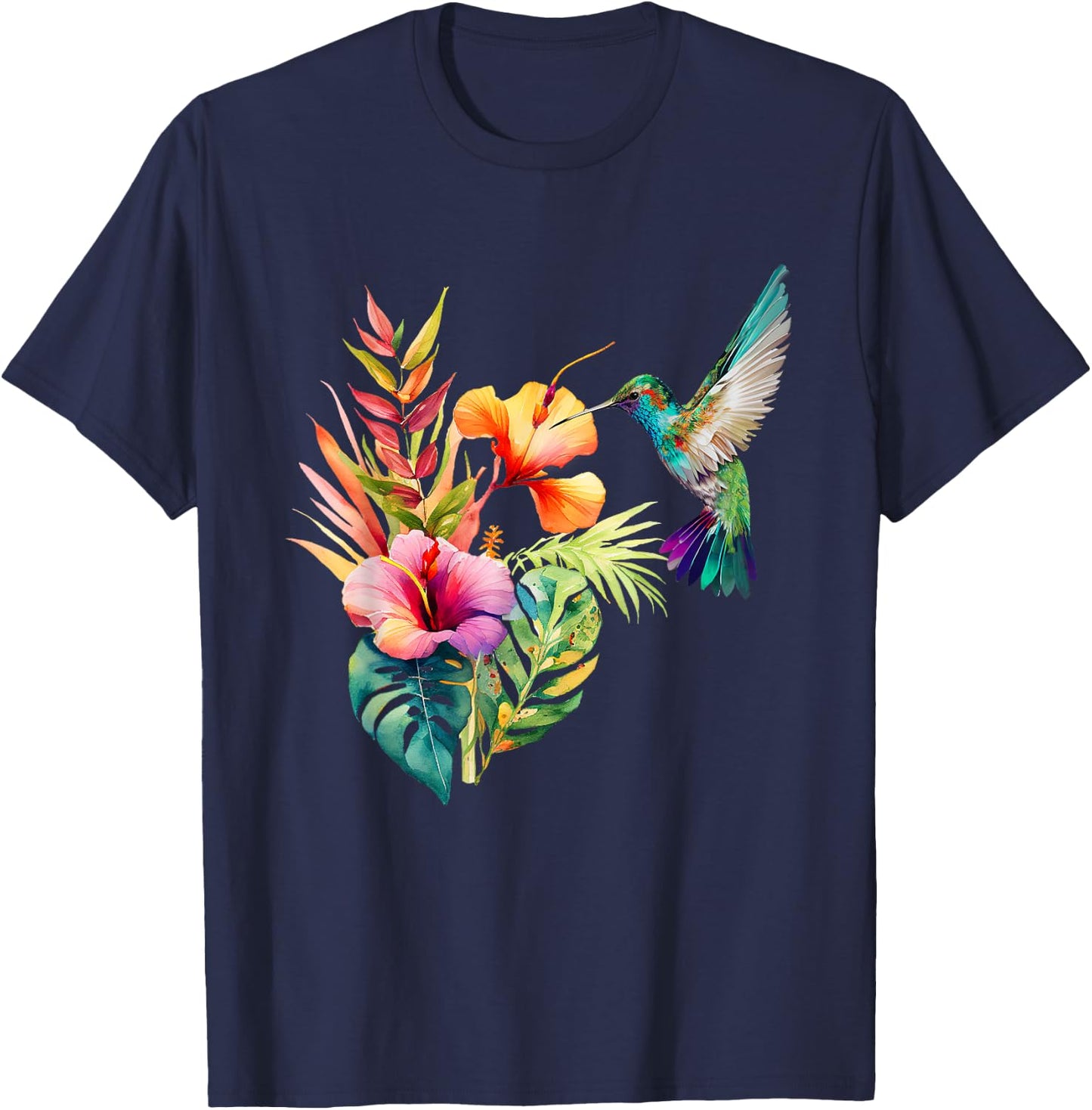 Hummingbird Backyard Birdwatching Tropical Flowers Birders T-Shirt - T-Shirt | Navy