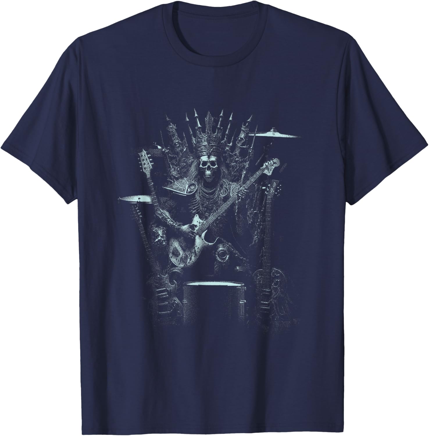 Halloween Skeleton Playing Guitar Throne Rock and Roll Band T-Shirt - T-Shirt | Navy