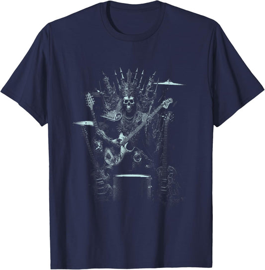 Halloween Skeleton Playing Guitar Throne Rock and Roll Band T-Shirt - T-Shirt | Navy