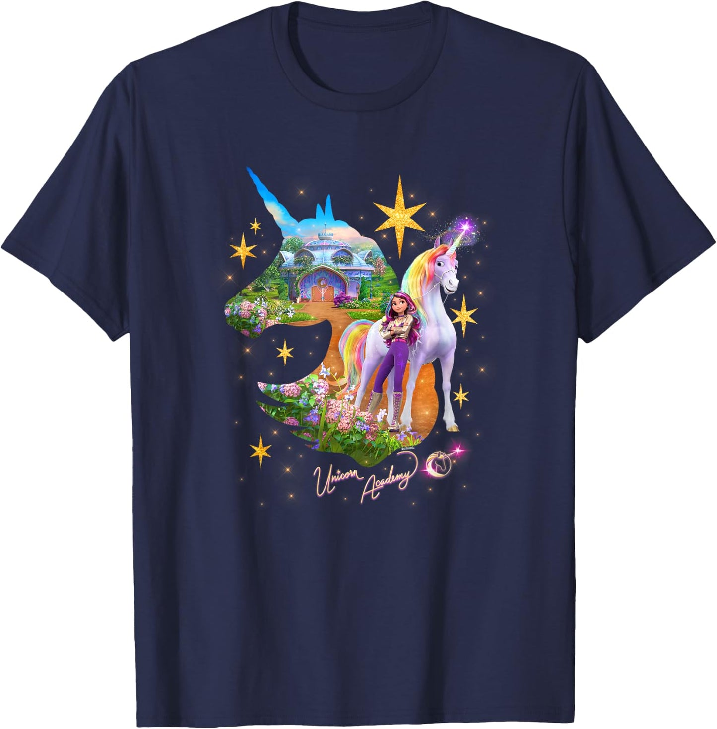 Unicorn Academy Silhouette Sparkle Graphic Logo T-Shirt - T-Shirt | Navy