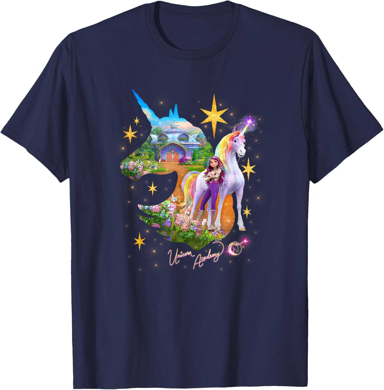 Unicorn Academy Silhouette Sparkle Graphic Logo T-Shirt - T-Shirt | Navy