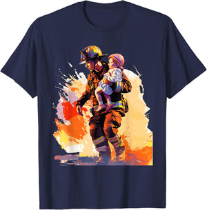 Firefighter Saving A Child - Firefighter & Fireman T-Shirt - T-Shirt | Navy