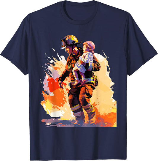 Firefighter Saving A Child - Firefighter & Fireman T-Shirt - T-Shirt | Navy