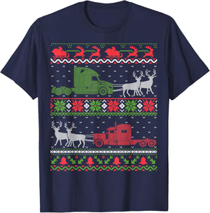 Semi Truck Driver - Truckers Ugly Christmas Sweater T-Shirt - T-Shirt | Navy