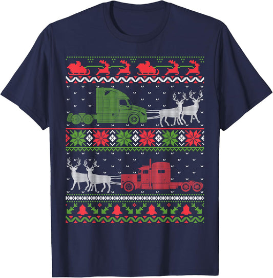 Semi Truck Driver - Truckers Ugly Christmas Sweater T-Shirt - T-Shirt | Navy