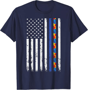 Police Support Autism Awareness Thin Blue Line Autism Flag T-Shirt - T-Shirt | Navy