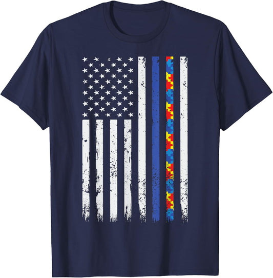 Police Support Autism Awareness Thin Blue Line Autism Flag T-Shirt - T-Shirt | Navy