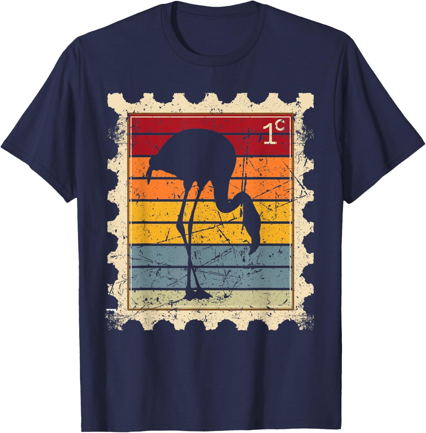 Postage Stamp with a Sunset Flamingo T-Shirt - T-Shirt | Navy