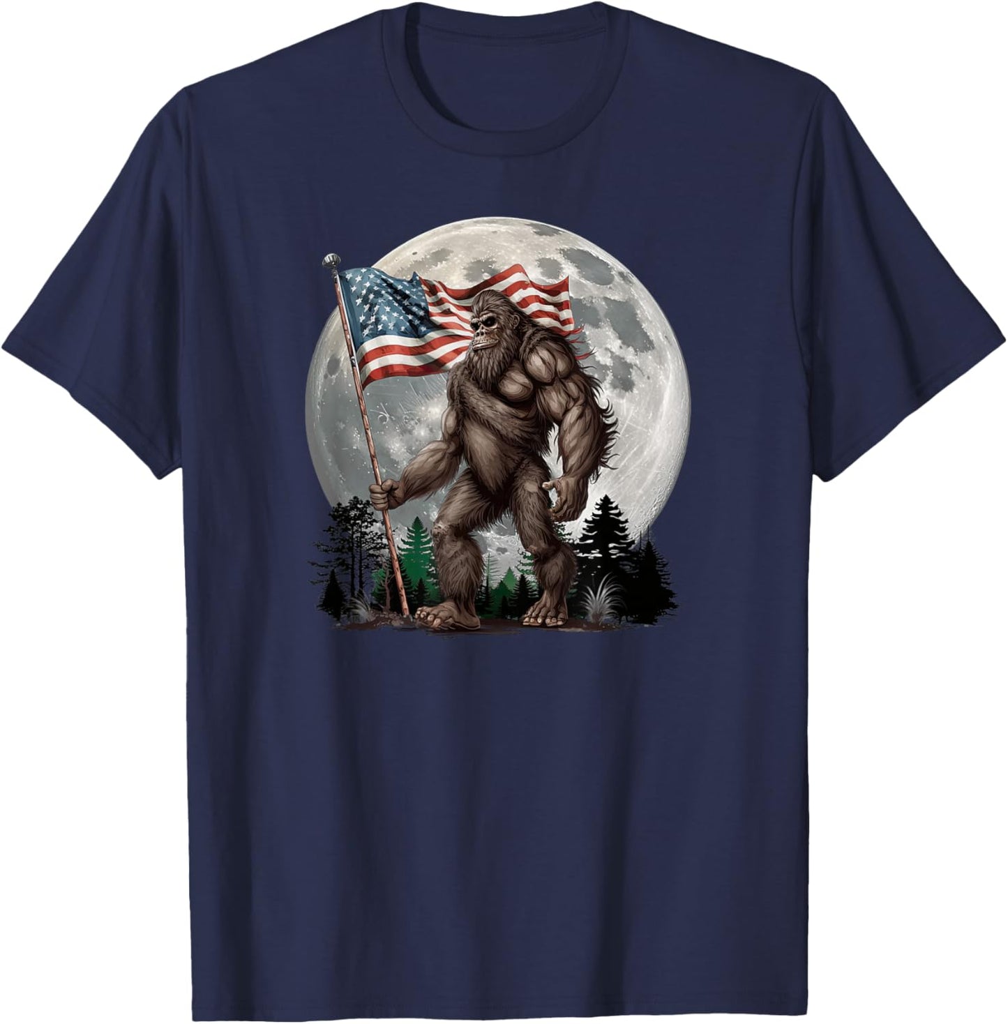 Bigfoot Sasquatch - American Flag Full Moon Patriotic T-Shirt - T-Shirt | Navy