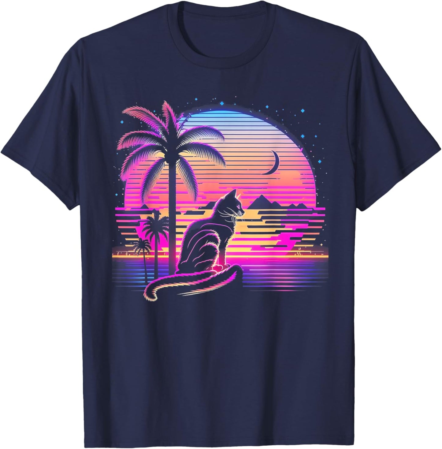 Cat Vaporwave Retrowave Aesthetic Synthwave 80s Palm Tree Men Women Kids T-Shirt - T-Shirt | Navy
