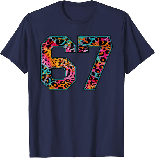 Number 67 in Retro Animal Print Fanwear Sports Player T-Shirt - T-Shirt | Navy