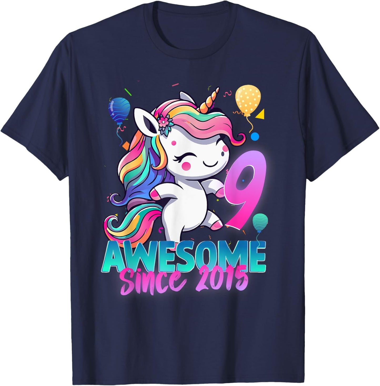 9th Birthday Girl Awesome Since 2015 9 Years Old Unicorn T-Shirt - T-Shirt | Navy