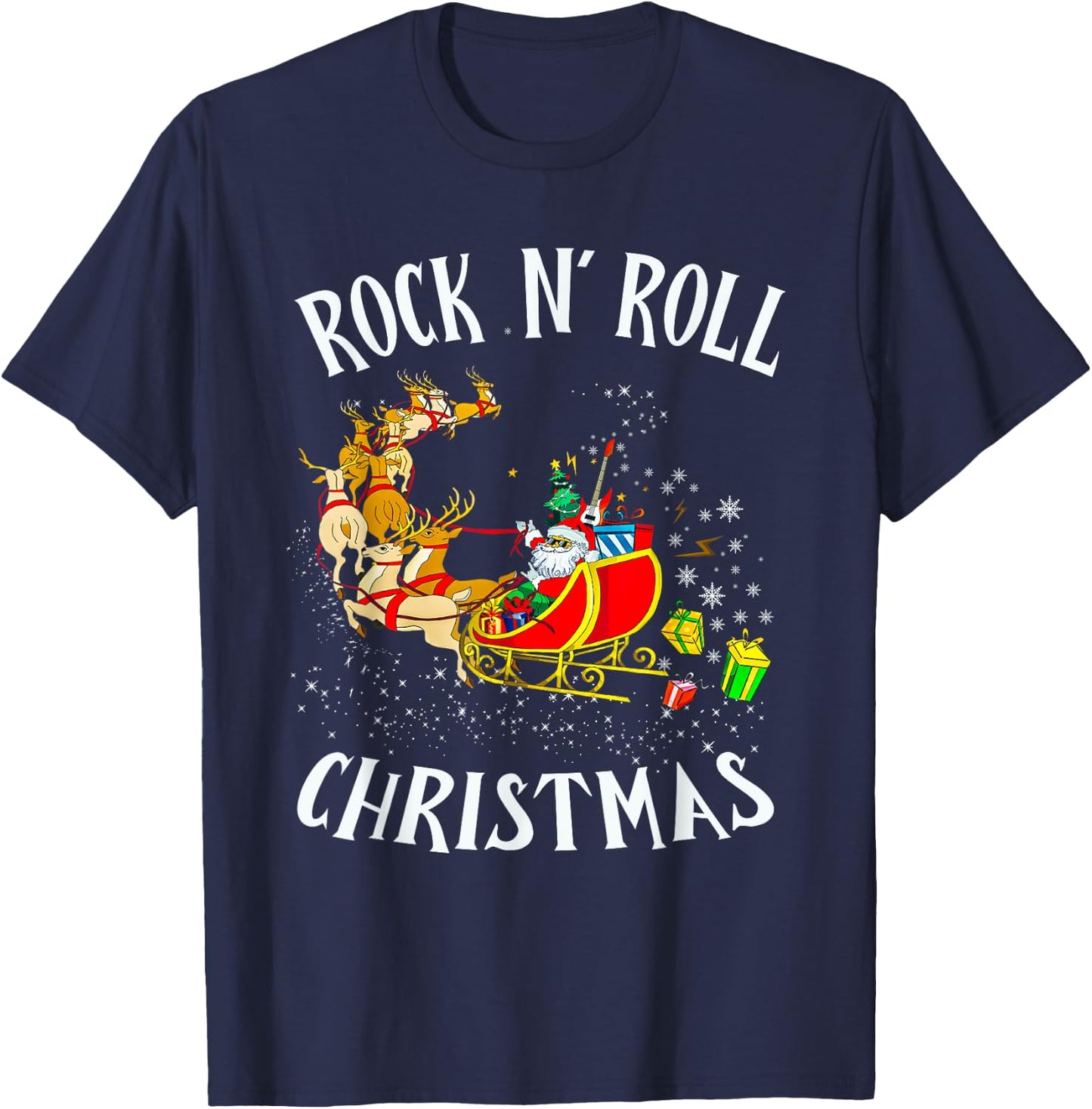 Rock N Roll Christmas Santa Sleigh Reindeer Xmas T-Shirt - T-Shirt | Navy