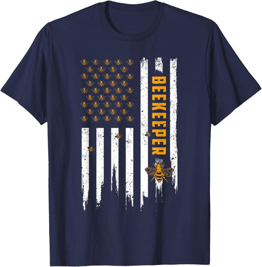 Beekeeping American Flag Honeycomb Honey Bees Beekeeper T-Shirt - T-Shirt | Navy