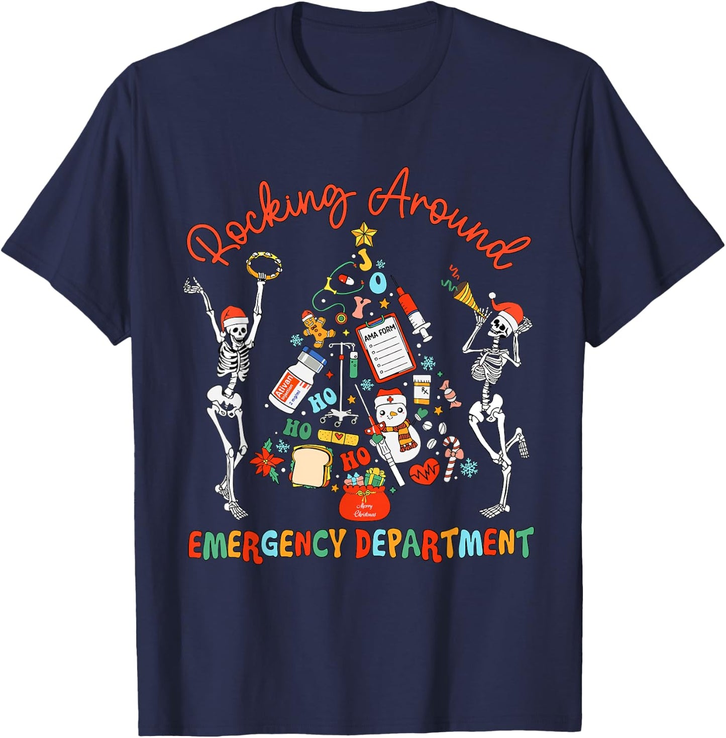 Emergency Department Nurse Rocking Around Skeleton Christmas T-Shirt - T-Shirt | Navy