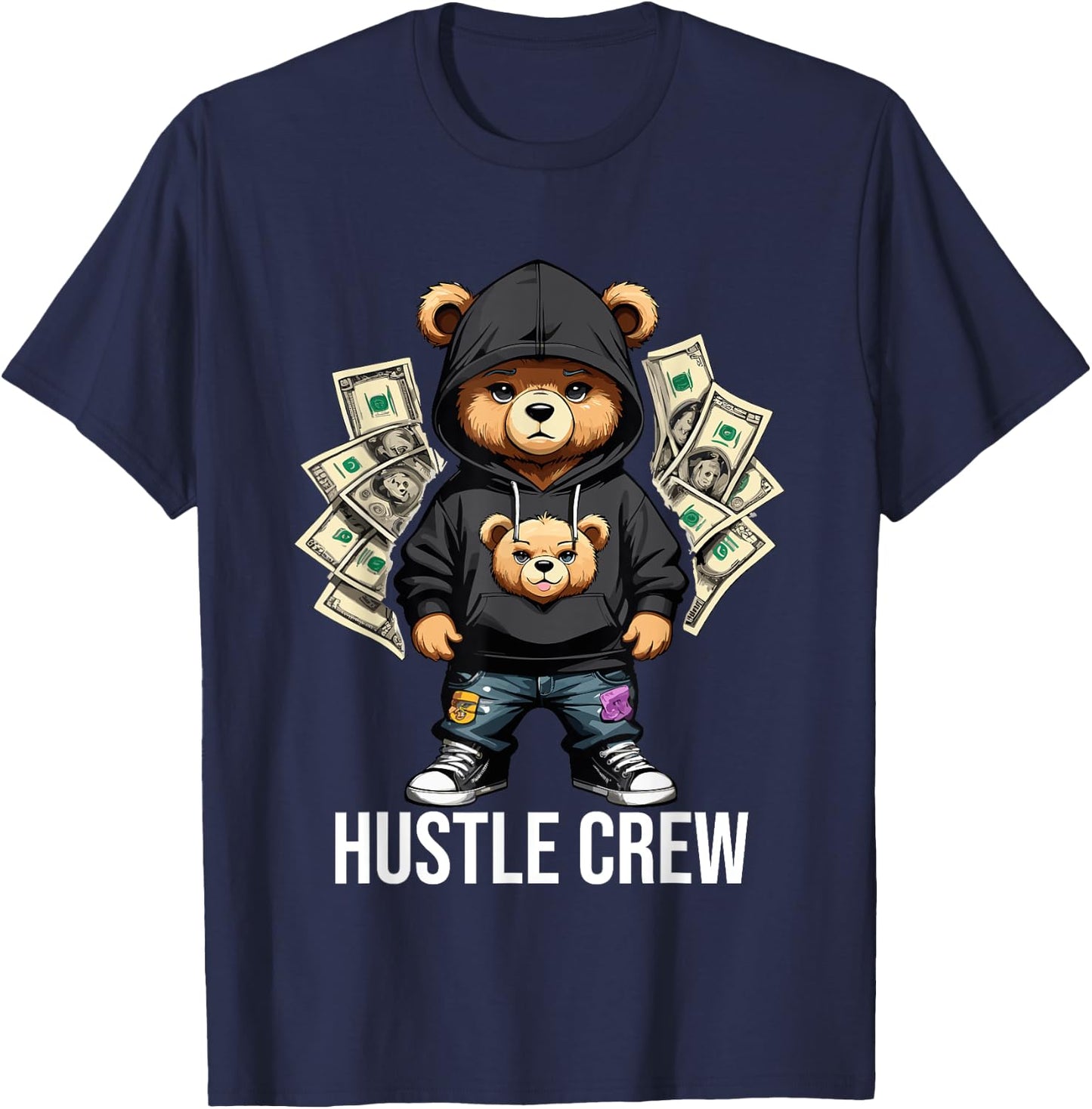 Money Hustle Crew Teddy Bear Gangster Dollar Hustler T-Shirt - T-Shirt | Navy