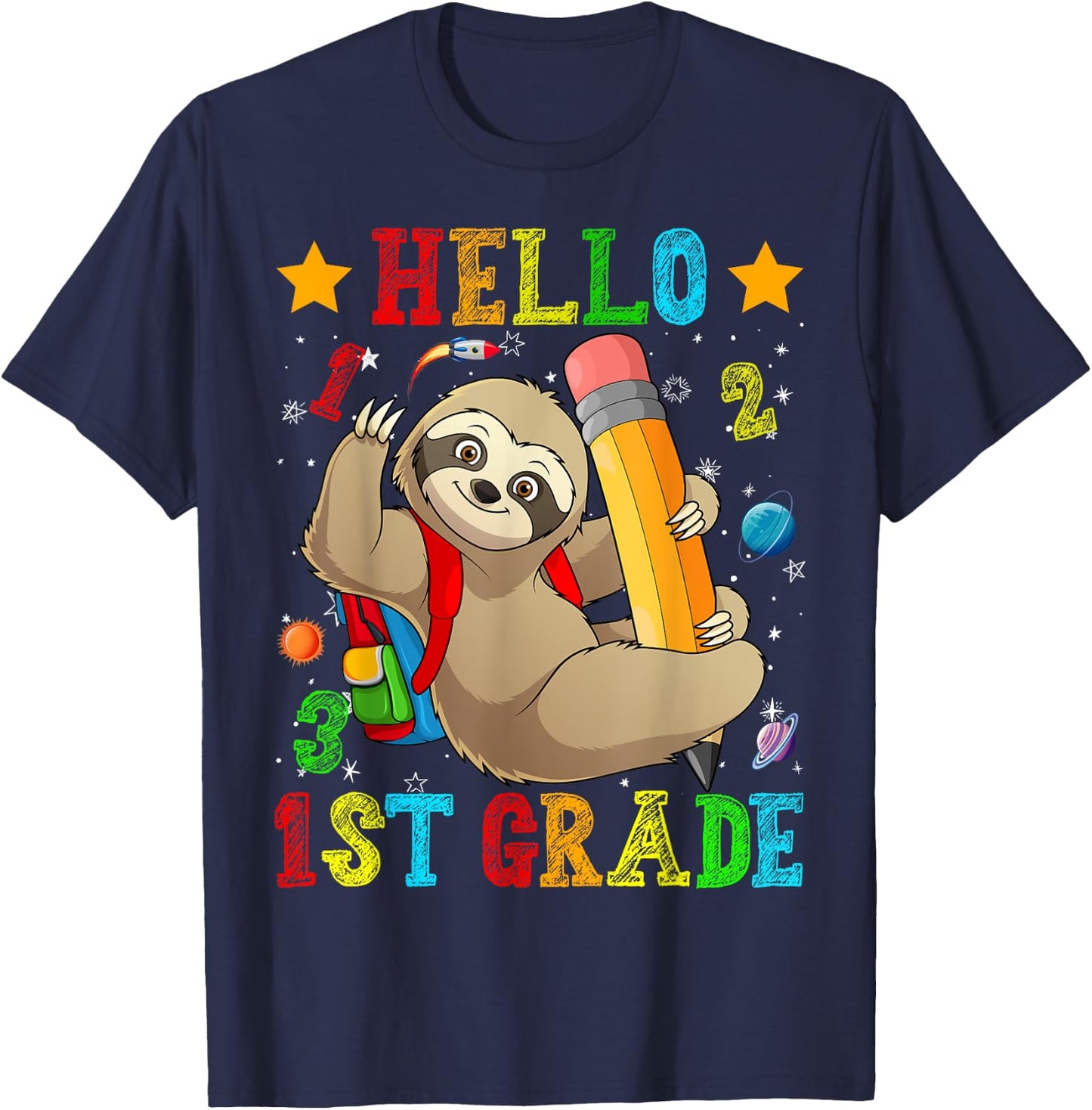Cute Hello 1st Grade Sloth Animal Back To School Kids Girls T-Shirt - T-Shirt | Navy