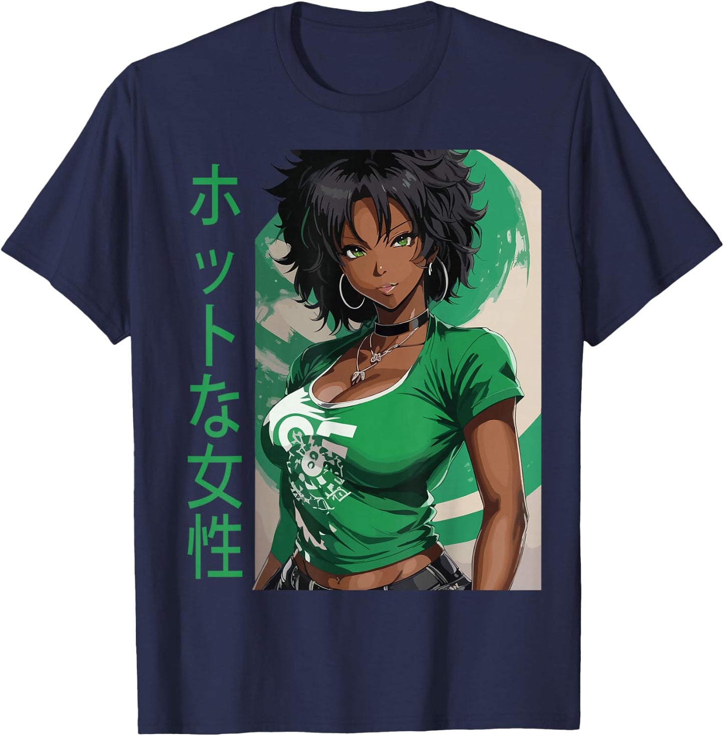 Black Anime Girl Kawaii Waifu Aesthetic Japanese Woman T-Shirt - T-Shirt | Navy