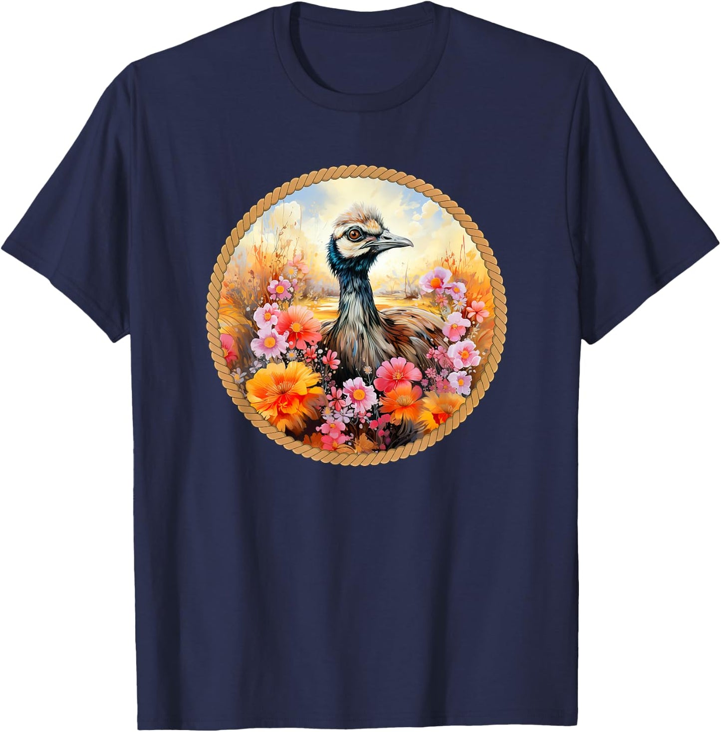 Cute Emu sitting in the meadow surrounded by flowers T-Shirt - T-Shirt | Navy