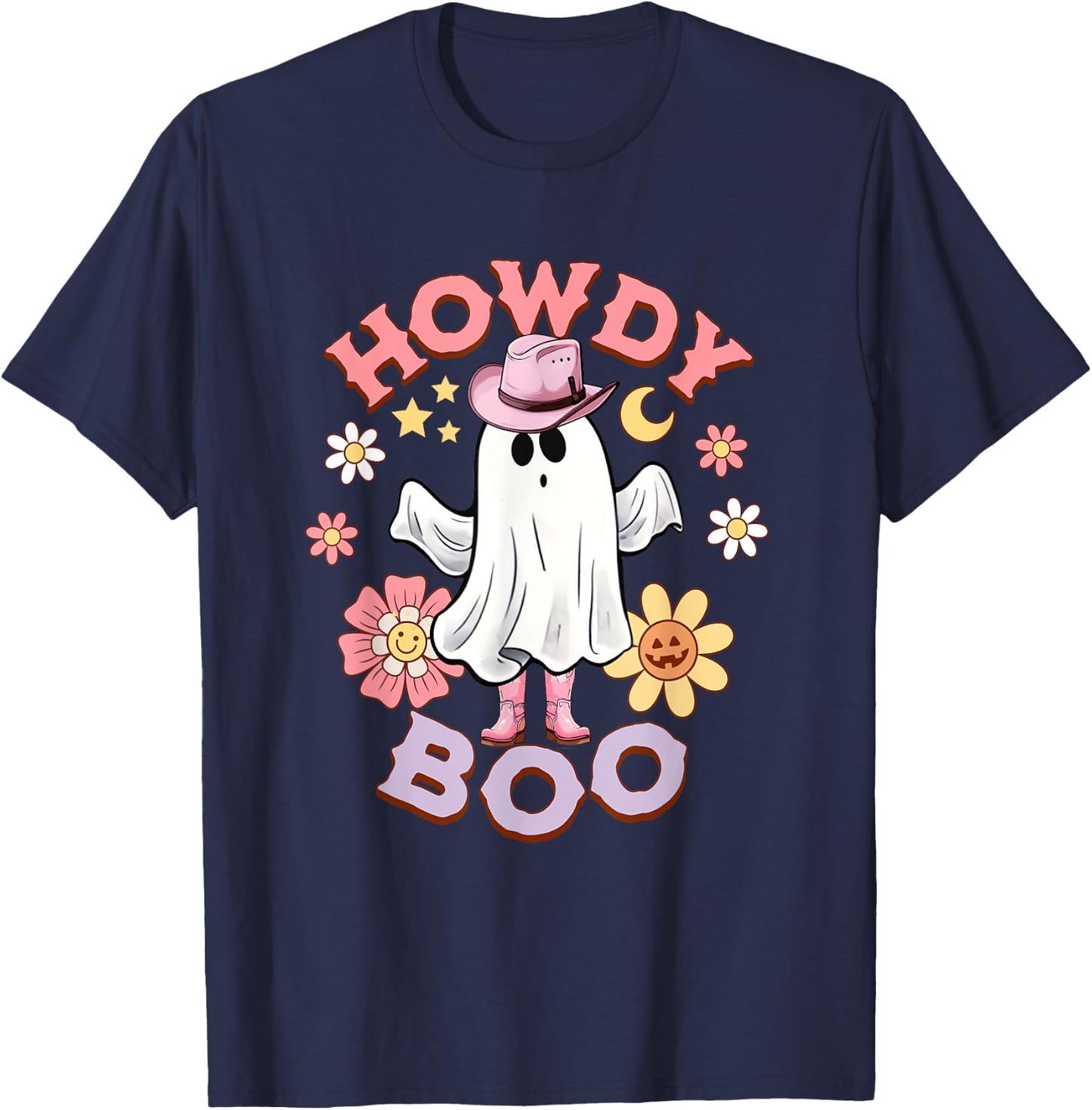 Howdy Boo funny ghost pink boots western halloween T-Shirt - T-Shirt | Navy