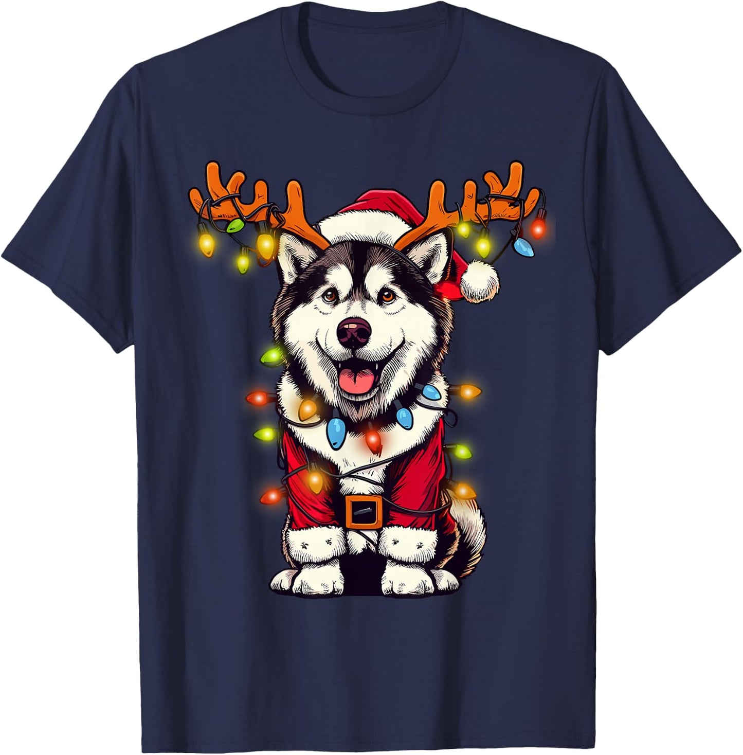 Funny Siberian Husky Christmas Tree Lights, Santa Dog T-Shirt - T-Shirt | Navy