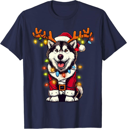 Funny Siberian Husky Christmas Tree Lights, Santa Dog T-Shirt - T-Shirt | Navy