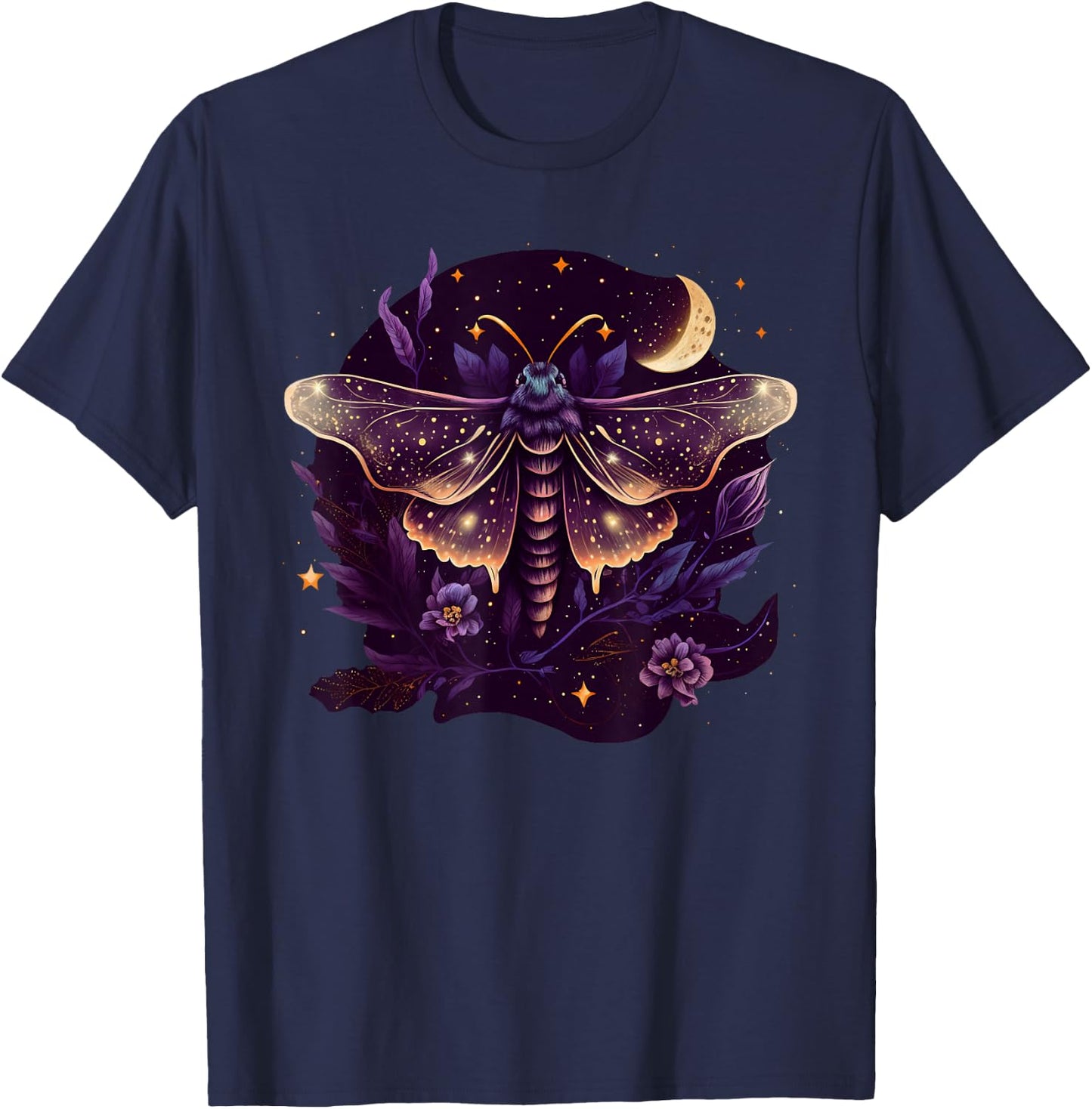 Moth with moon, butterfly, flowers, stars, night, vintage T-Shirt - T-Shirt | Navy