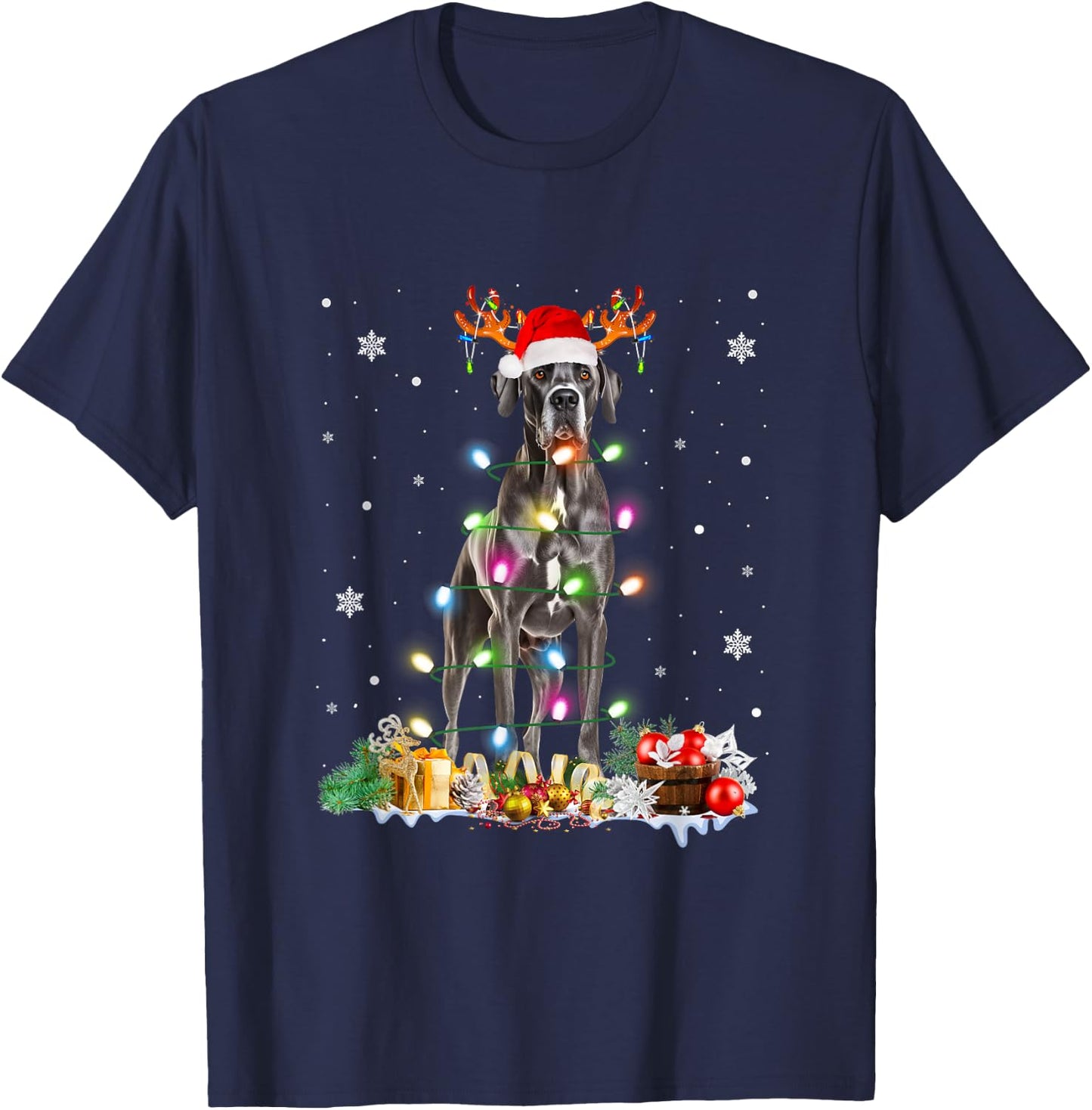 Great Dane Christmas Santa Hat Fairy Lights Pajama Dog Lover Men Women Kids T-Shirt - T-Shirt | Navy