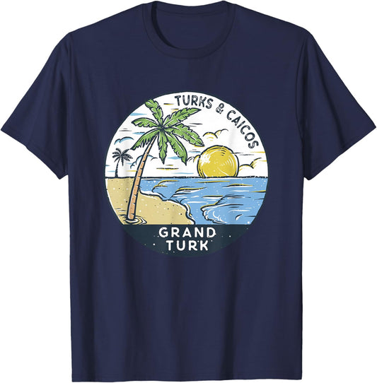 Grand Turk Turks and Caicos Illustrated Ocean Vintage T-Shirt - T-Shirt | Navy