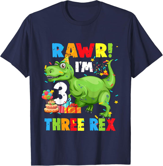 Kids Three Rex Birthday Party Outfit Dinosaur 3 Year Old Boy T-Shirt - T-Shirt | Navy