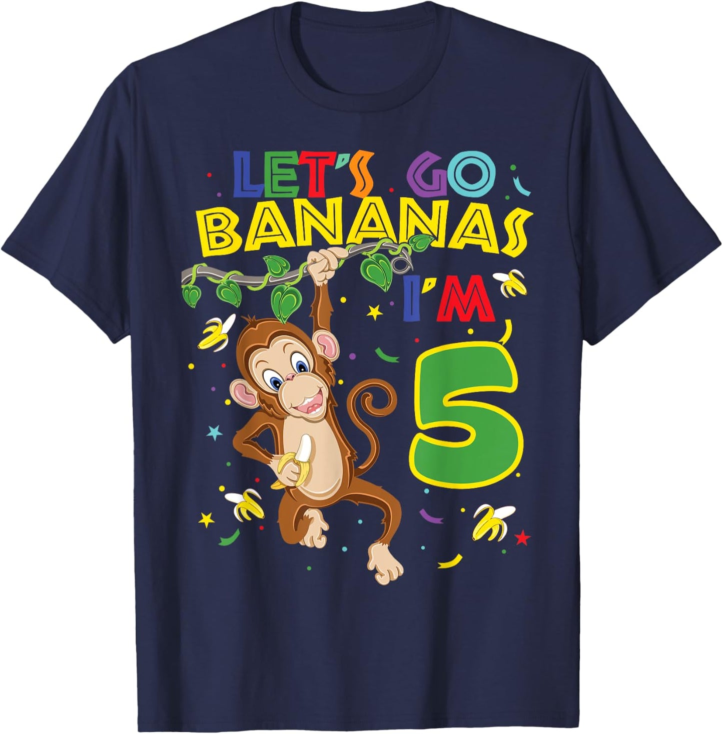 Kids Monkey 5th Birthday Zoo Let's Go Bananas I'm 5 T-Shirt - T-Shirt | Navy