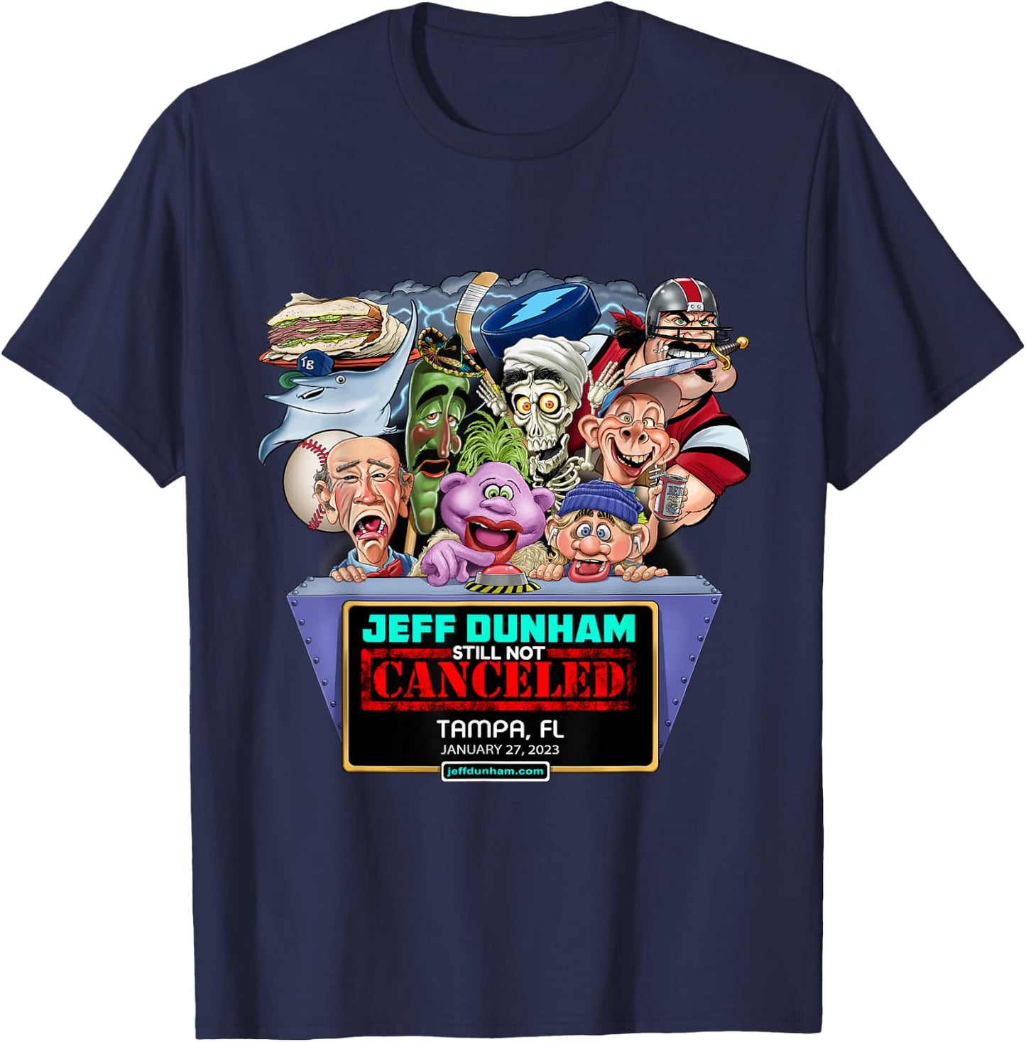 Jeff Dunham Black Cartoon , -Adults/Kids, Small, Short Sleeve, Classic Fit, Modern Style, Limited Edition Design, Jeff Dunham Tampa, FL (2023) T-Shirt - T-Shirt | Navy