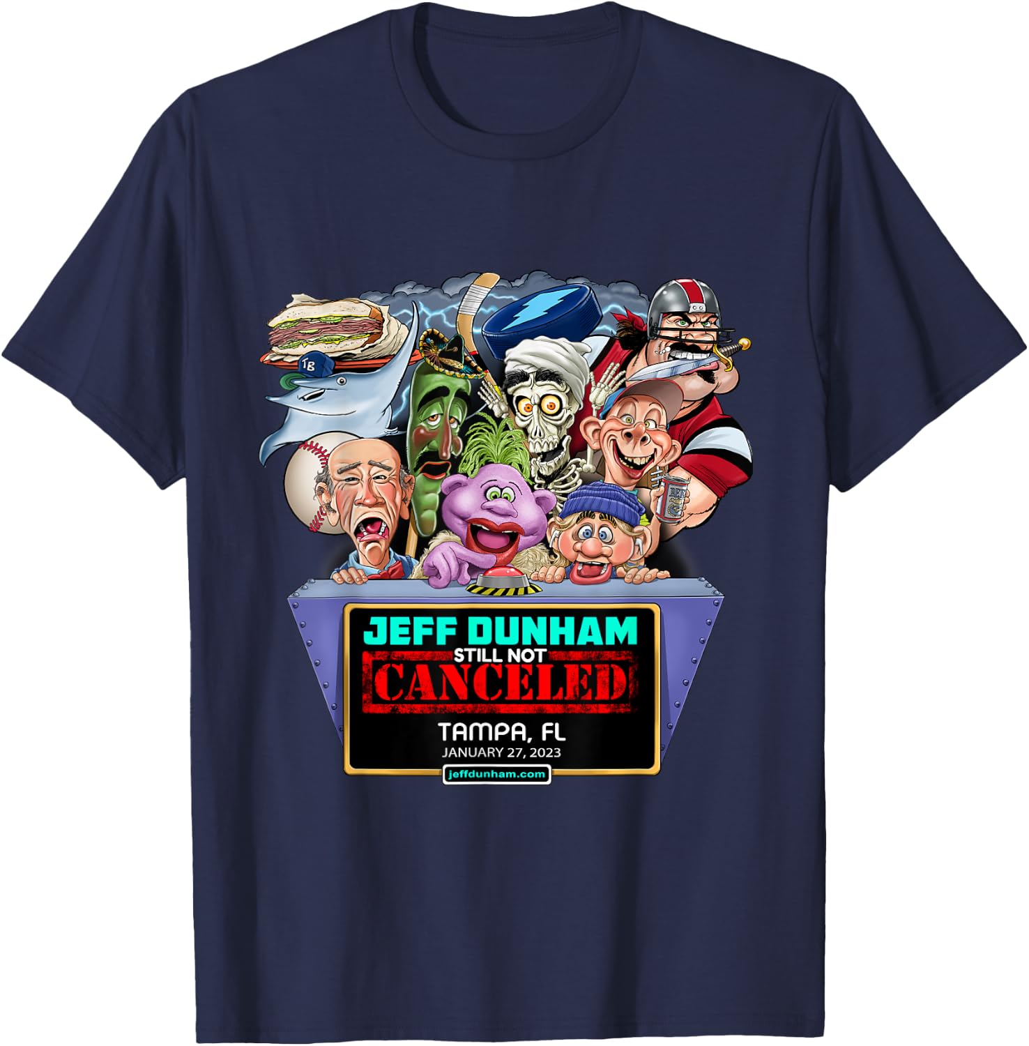 Jeff Dunham Black Cartoon , -Adults/Kids, Small, Short Sleeve, Classic Fit, Modern Style, Limited Edition Design, Jeff Dunham Tampa, FL (2023) T-Shirt - T-Shirt | Navy