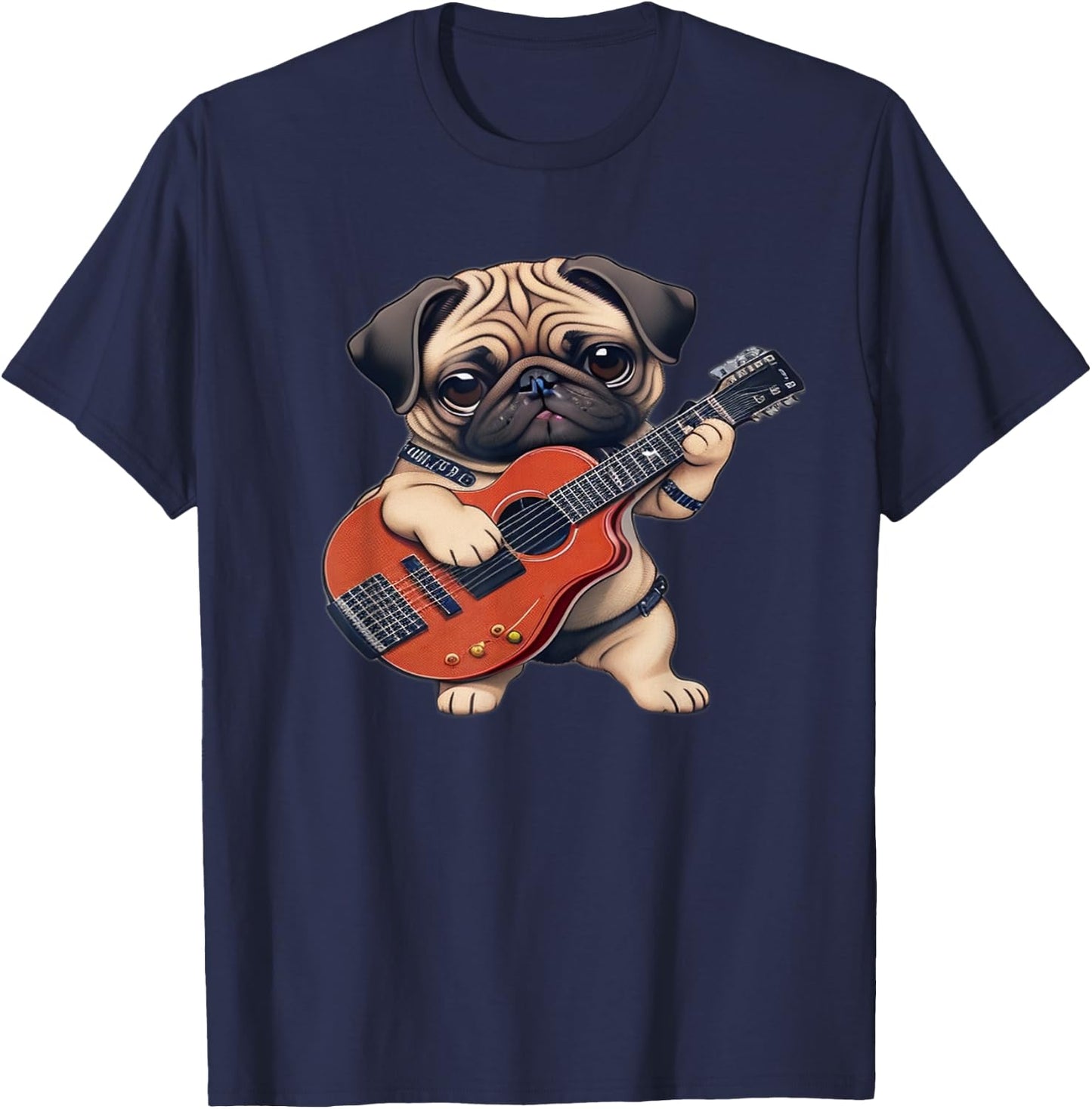 Pug Playing Guitar Cute Pug Electric Bass Guitar Player T-Shirt - T-Shirt | Navy