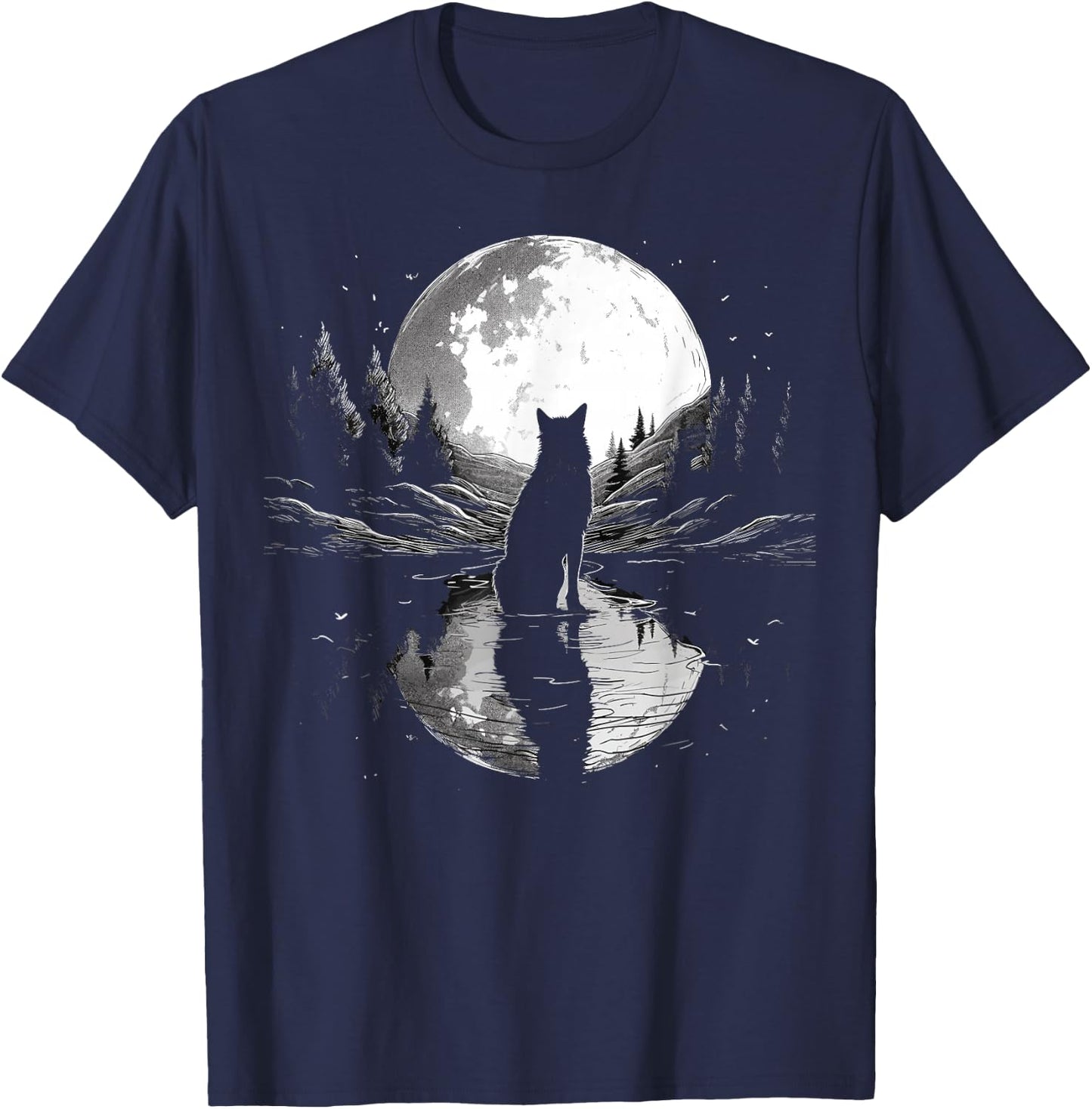 wolf looking moon on River for lover wolves wildlife animal T-Shirt - T-Shirt | Navy