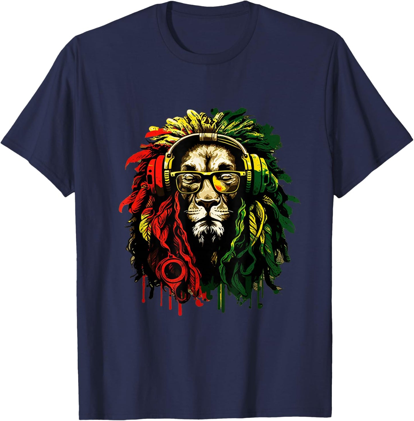 Rasta Reggae Music Headphones Hippie Reggae Lion Of Judah T-Shirt - T-Shirt | Navy