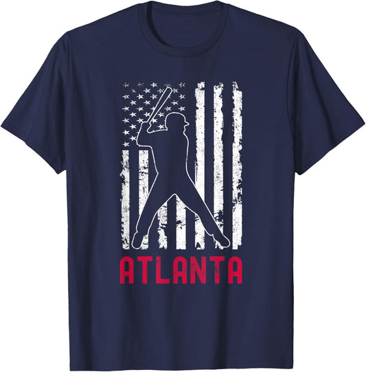 Atlanta American Flag Baseball Weathered T-Shirt - T-Shirt | Navy