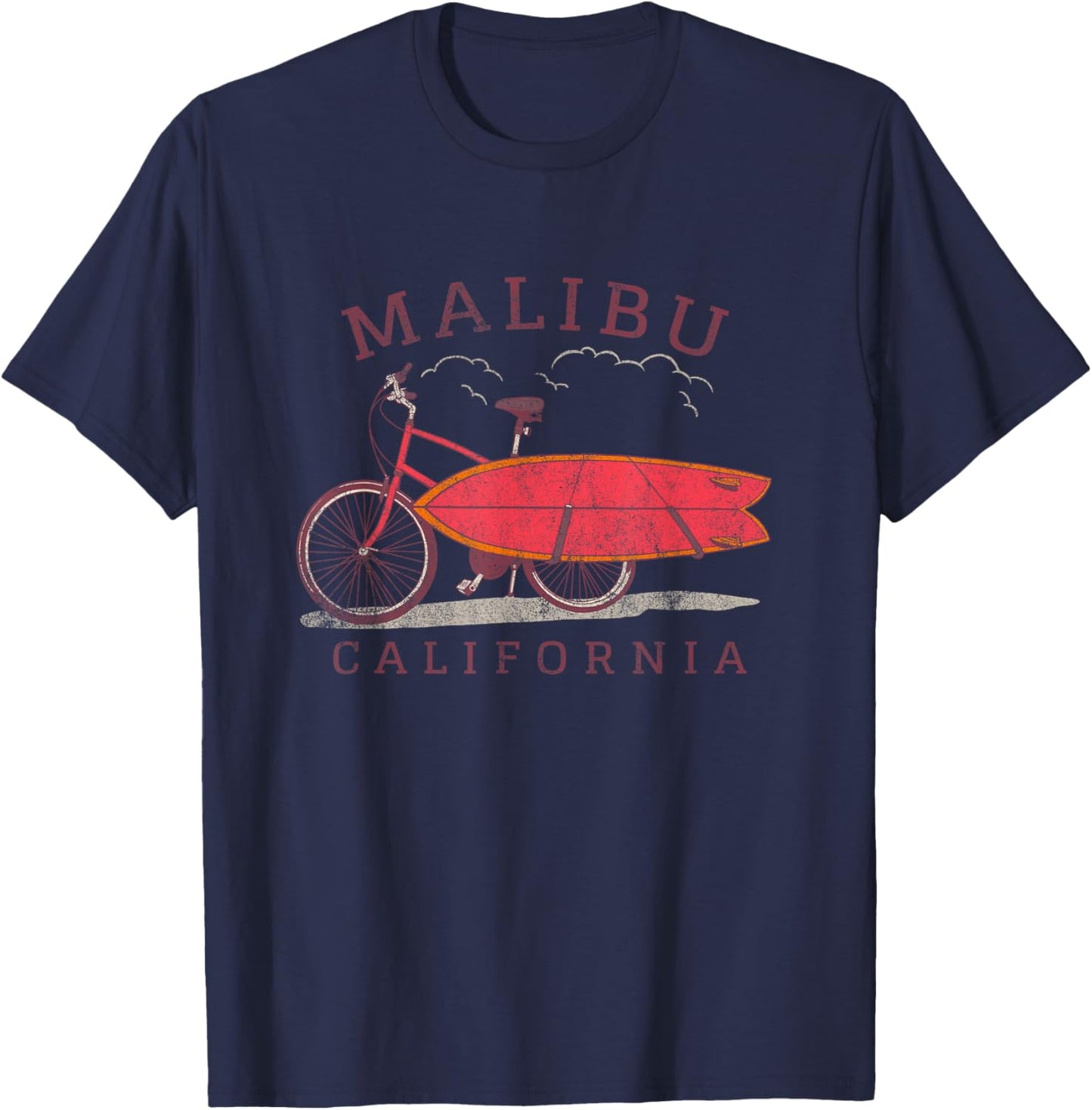 Retro Malibu California Surfing Fan Surfboard Bicycle Art T-Shirt - T-Shirt | Navy