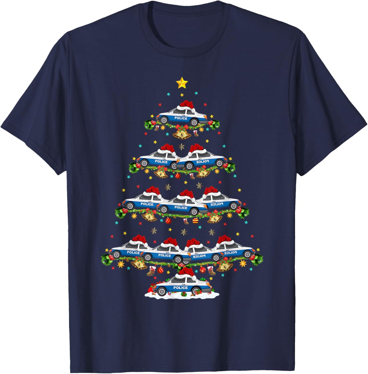 Police Car Lover Matching Santa Police Car Christmas Tree T-Shirt - T-Shirt | Navy