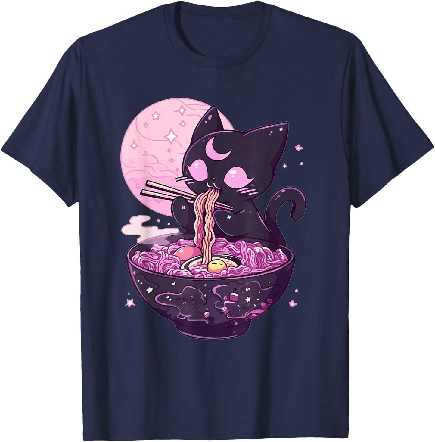 Pastel Goth Aesthetic Kawaii Creepy Cat Eating Ramen Noodles T-Shirt - T-Shirt | Navy