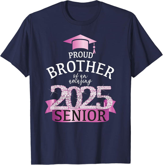 Proud Brother of a 2025 Senior I Pink School Color Outfit T-Shirt - T-Shirt | Navy