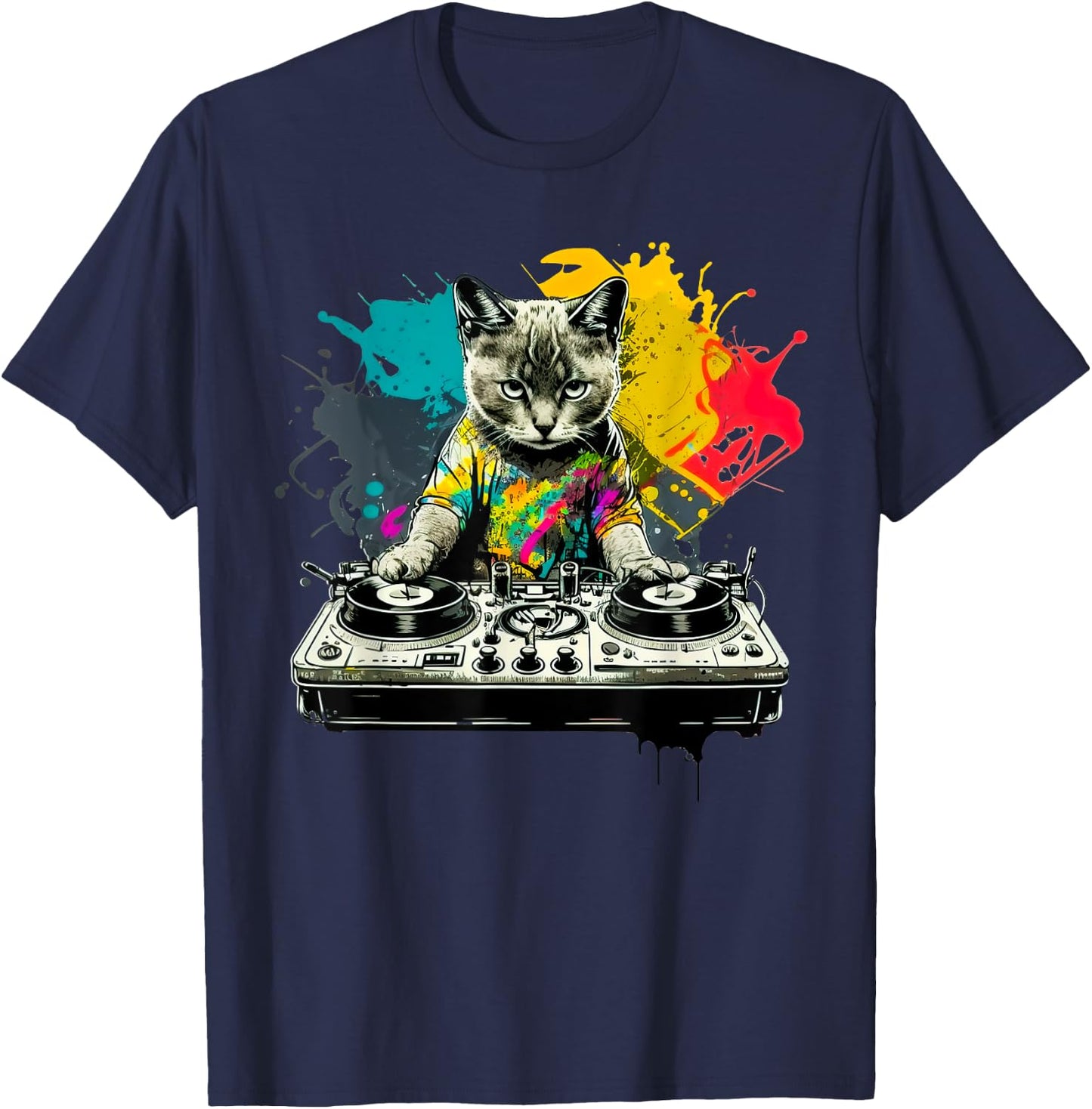 Dj Cat funny house music cat music lover T-Shirt - T-Shirt | Navy