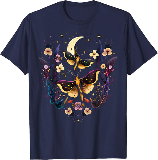 Moths with moon, flowers, butterfly, Wicca, goth, night T-Shirt - T-Shirt | Navy