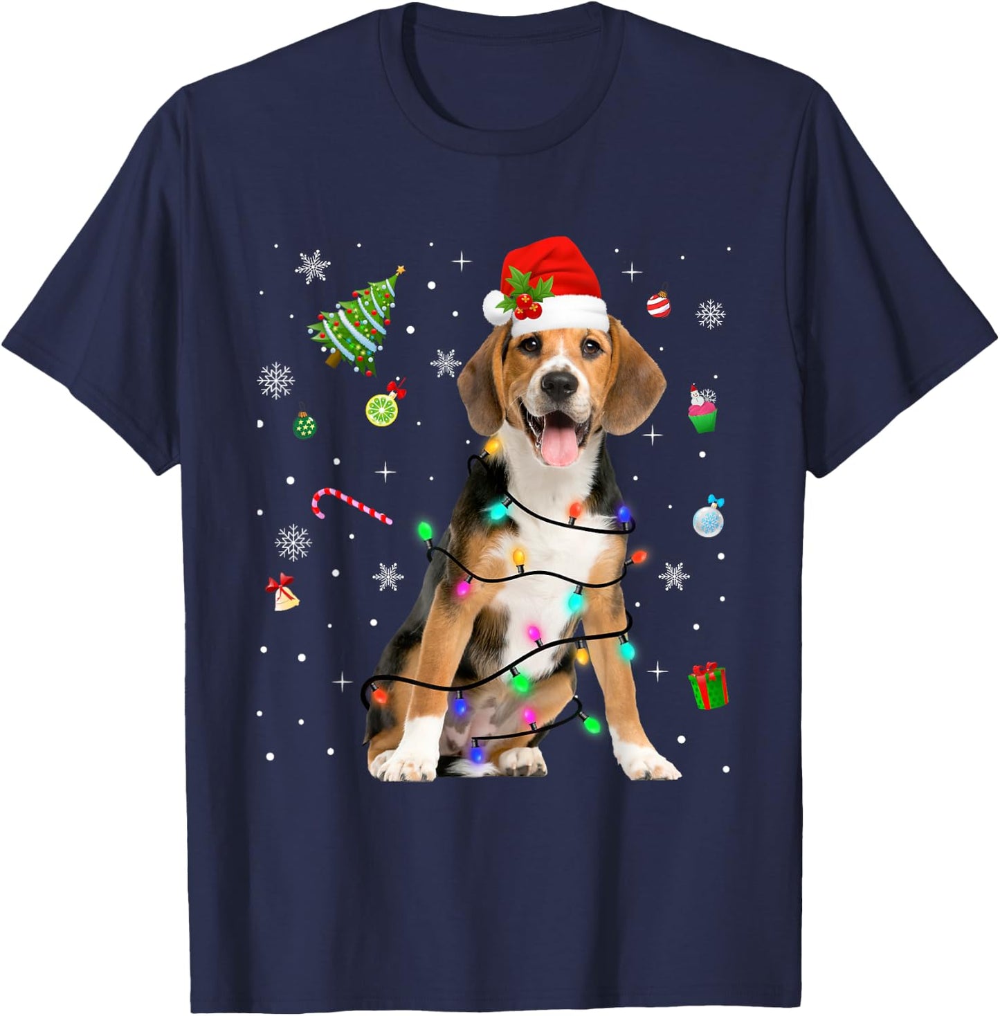 Beagle Dog Christmas Lights Santa Hat Dog Dad Mom Women Kids T-Shirt - T-Shirt | Navy