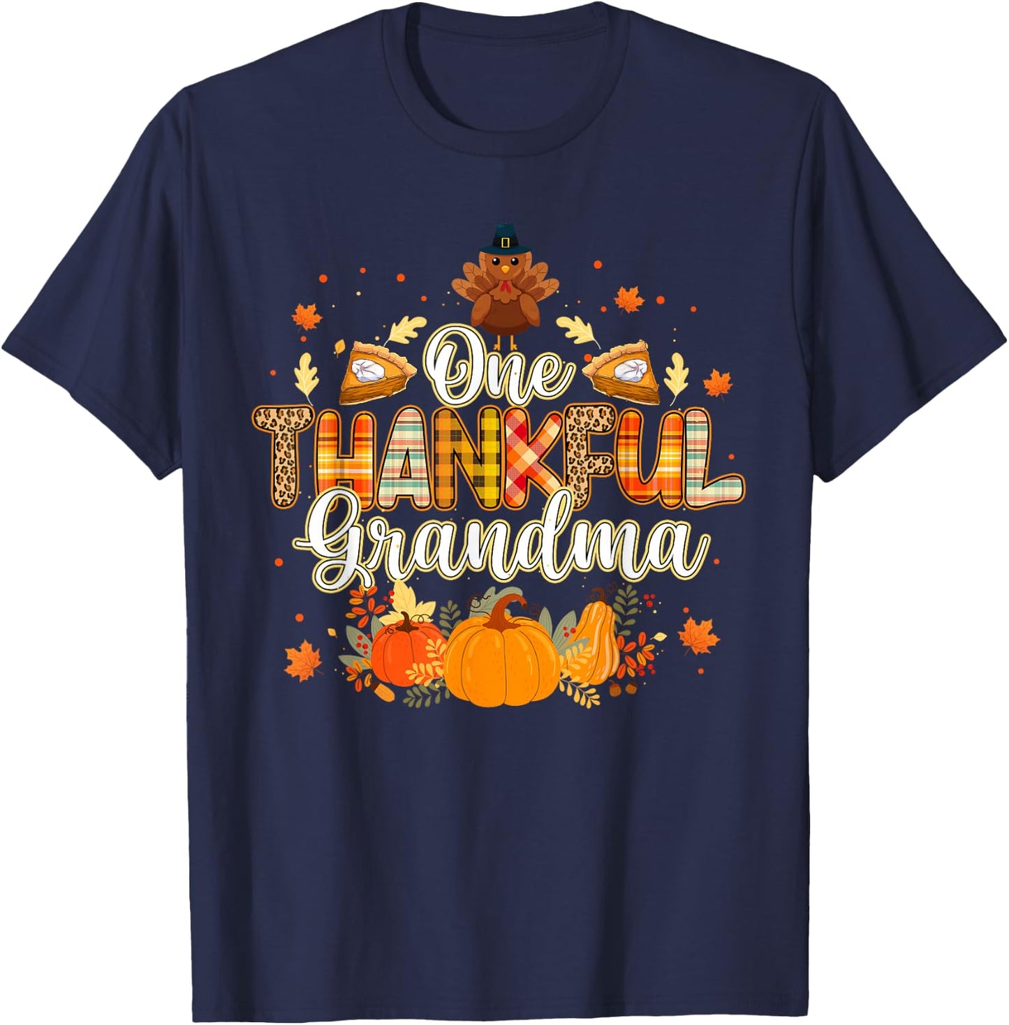 One Thankful Grandma Fall Leaves Autumn Grandma Thanksgiving T-Shirt - T-Shirt | Navy