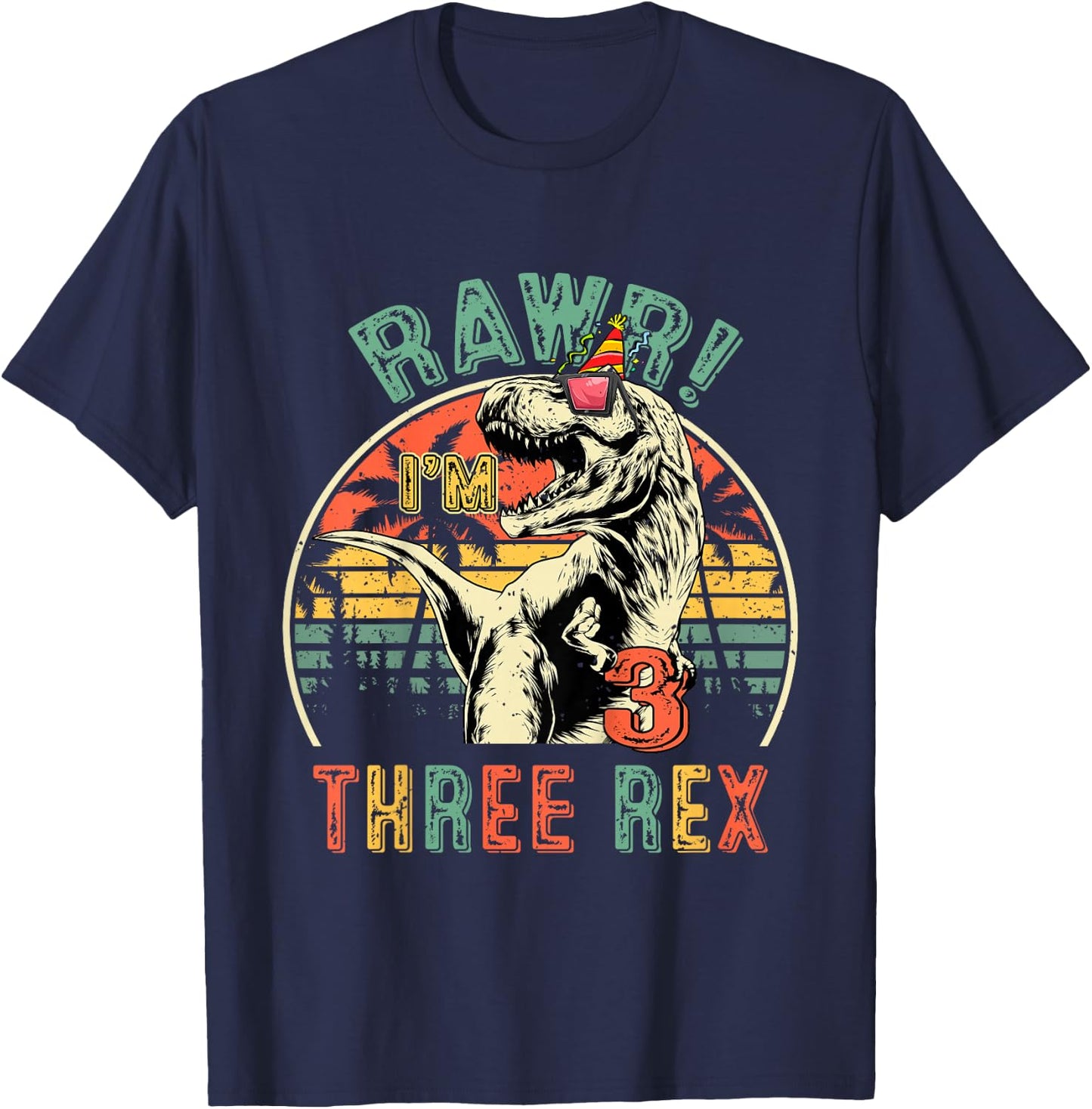 Kids Three Rex Birthday Party Outfit Dinosaur 3 Year Old Boy T-Shirt - T-Shirt | Navy