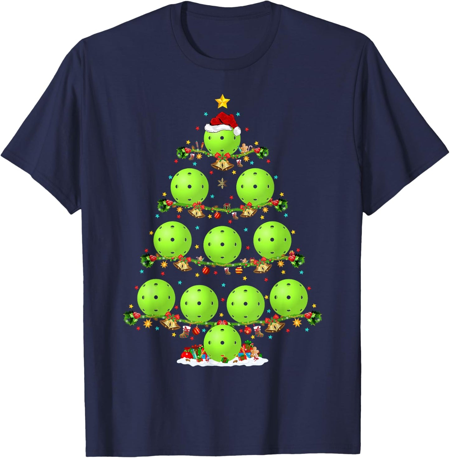 Pickleball Tree Christmas Ugly Sweater Pickleball Sports T-Shirt - T-Shirt | Navy