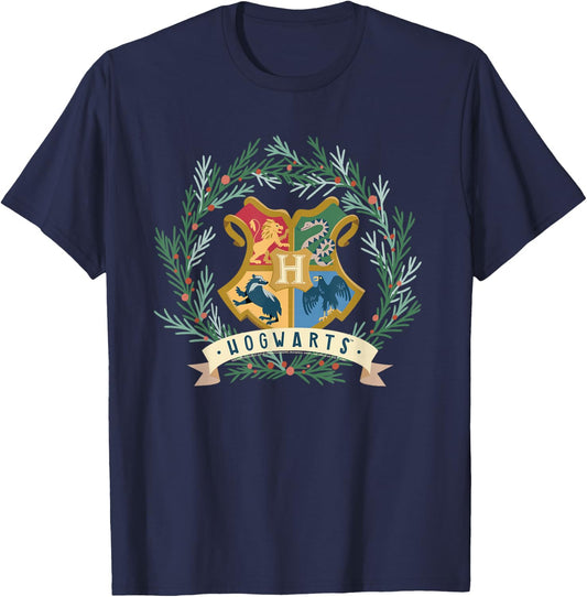 Harry Potter Hogwarts Shield Christmas Wreath T-Shirt - T-Shirt | Navy