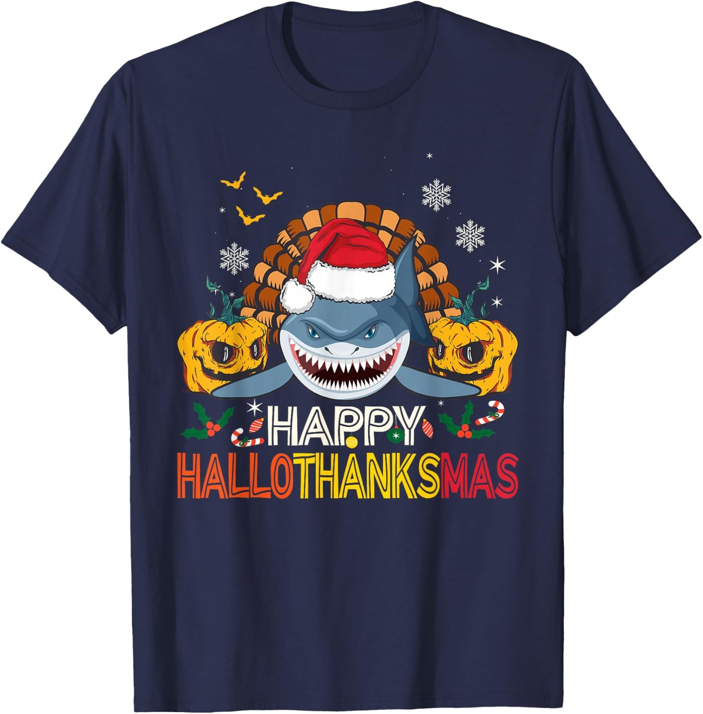 Happy HalloThanksMas Shark Halloween Thanksgiving Christmas T-Shirt - T-Shirt | Navy
